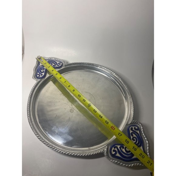 Large Mexican Pewter Serving with Ceramic Tile Inlay Handles Rope Design - Picture 7 of 8